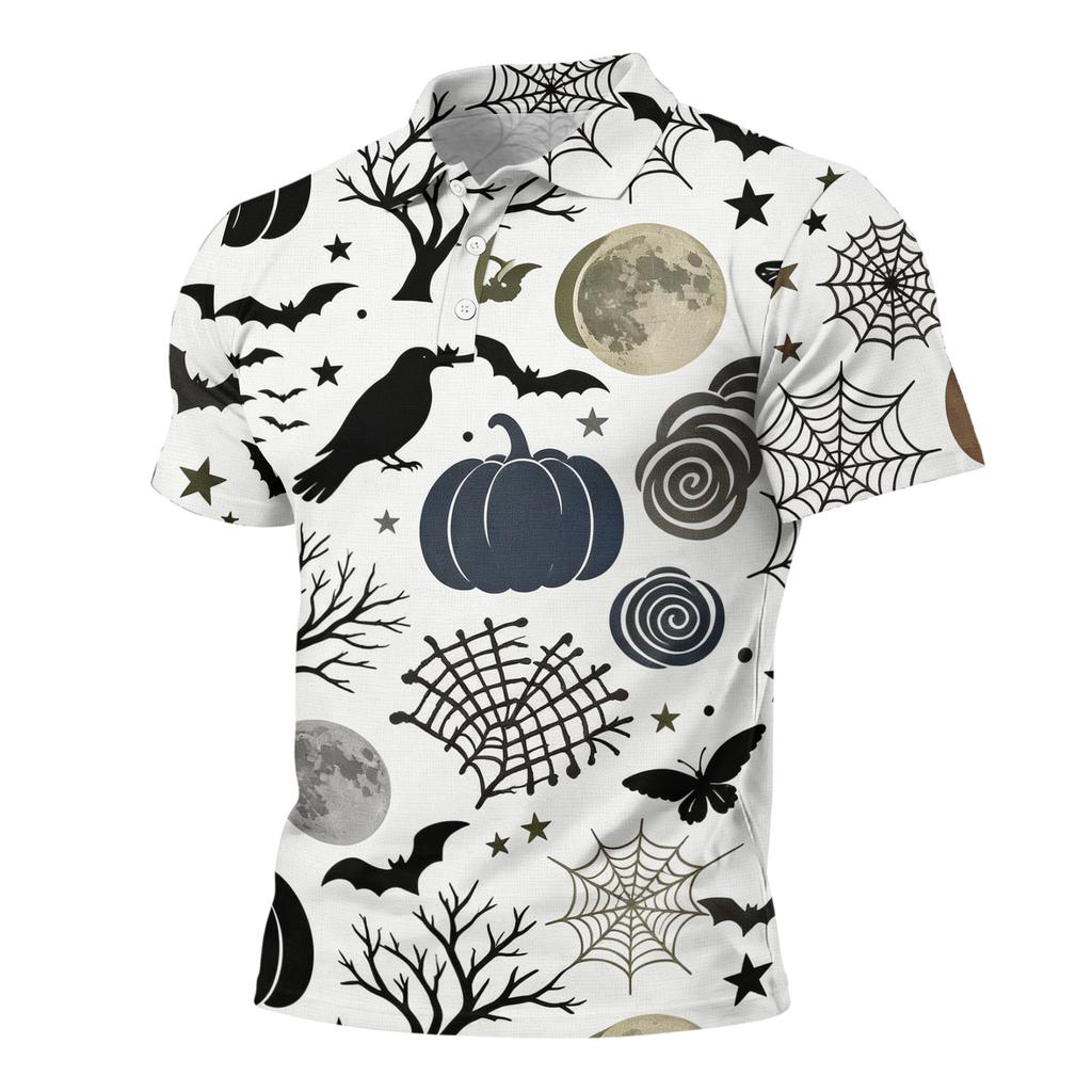 Men Halloween Print Casual Short Sleeve Shirt with Pumpkin Bat and Leaf Patterns Lightweight Button Down Top