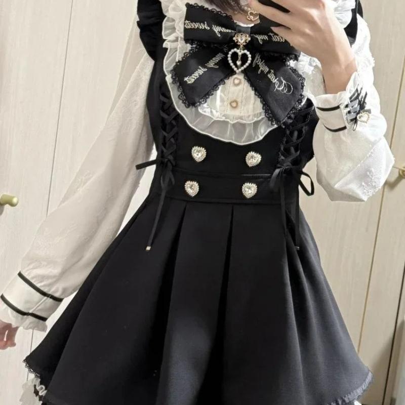 Japanese Y2 Aesthetics Vintage Bow Dress Shorts Set Women Gothic Lolita Style Long Sleeve Shirt Dress Elegant Party Dress Suits