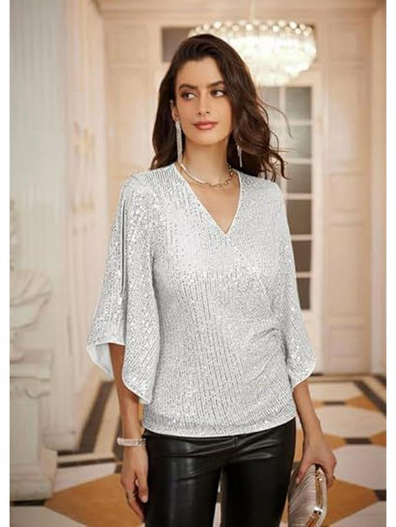 Women's Loose V-neck Sequin Flare Sleeve Top - Trendy Casual Vacation T-shirt