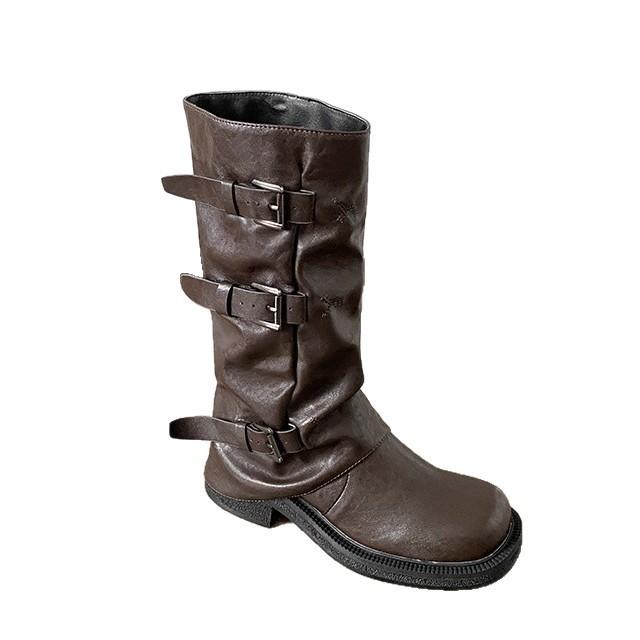 Cowhide version of long boots women's thick-soled heightening niche pleated trouser boots 2025 new mid-tube western knight boots.