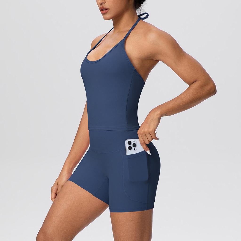 Europäisch-Amerikanisches Wolkengefühl Yoga-Tanktop & Shorts Set: Einfarbig, Seil-Träger, Schöner Rücken, Tasche, Figurbetont für Damen