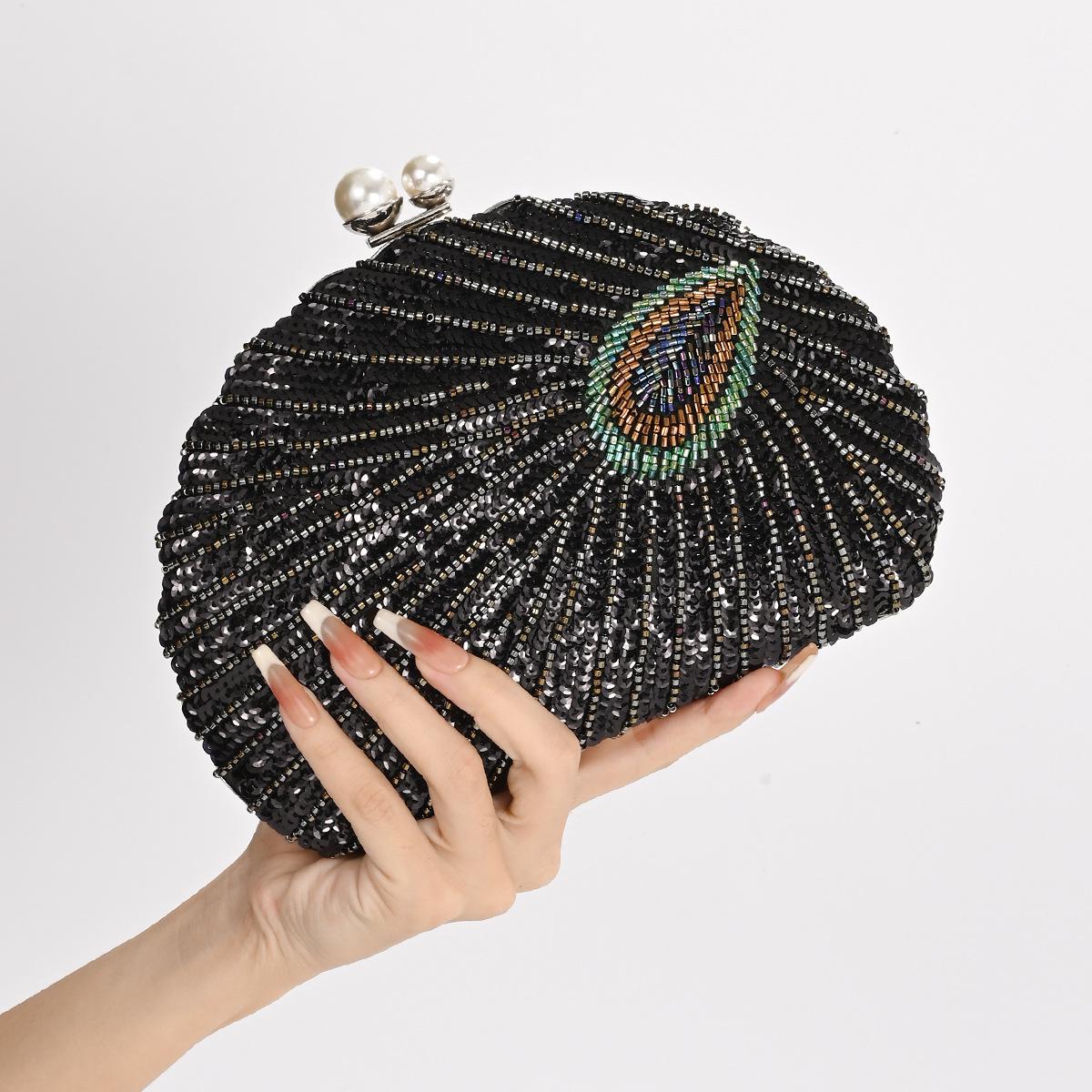 Peacock Sequin Embroidery Evening Handbag - New Chinese Style Shoulder and Handheld Banquet Bag 22 inch чёрный