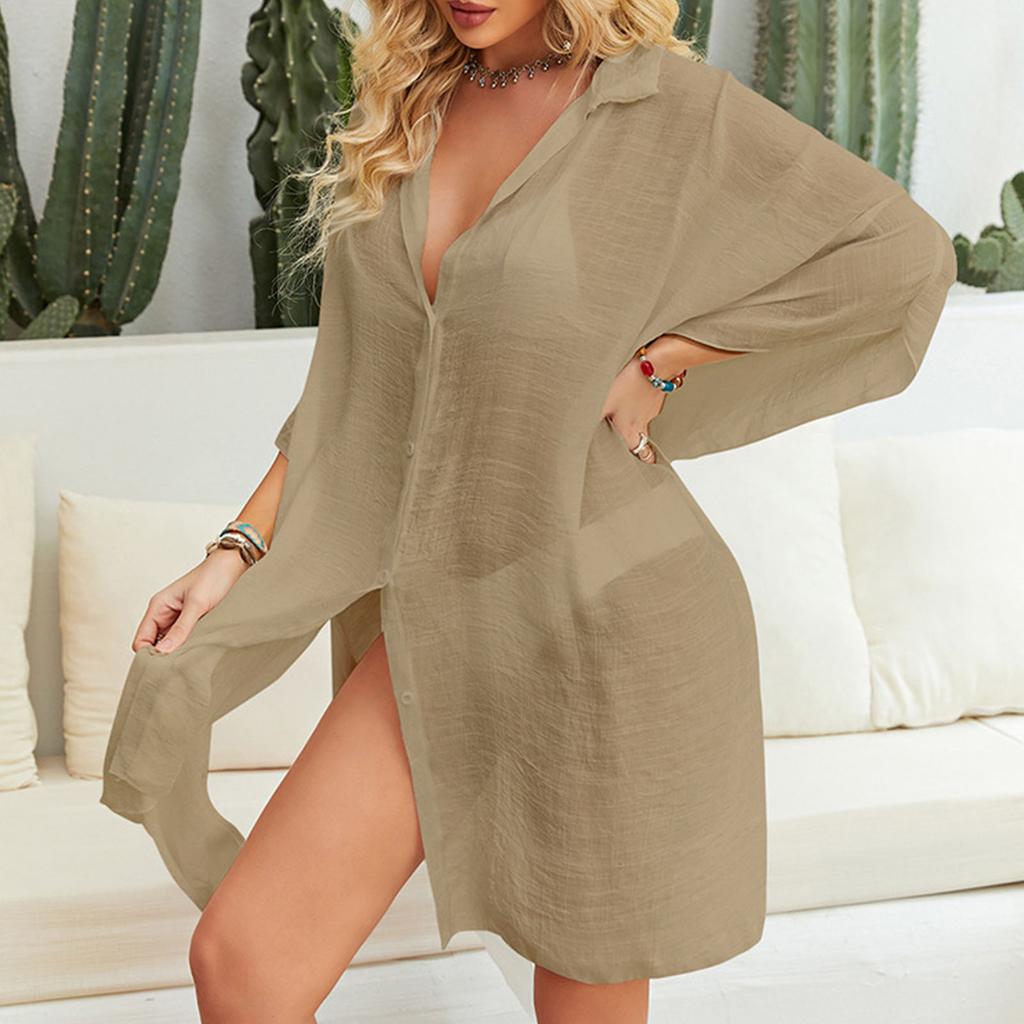 Women Beach Cover Up Loose Casual Breathable Pure Color Sun Protection Long Bikini Open Front Cover Up Khaki Free Size