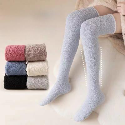 Herbst- und Wintermode Fleece Damen Warme Oberschenkelhohe Socken Plüsch Stulpe Einfarbig Hausboden Verdickte Strümpfe