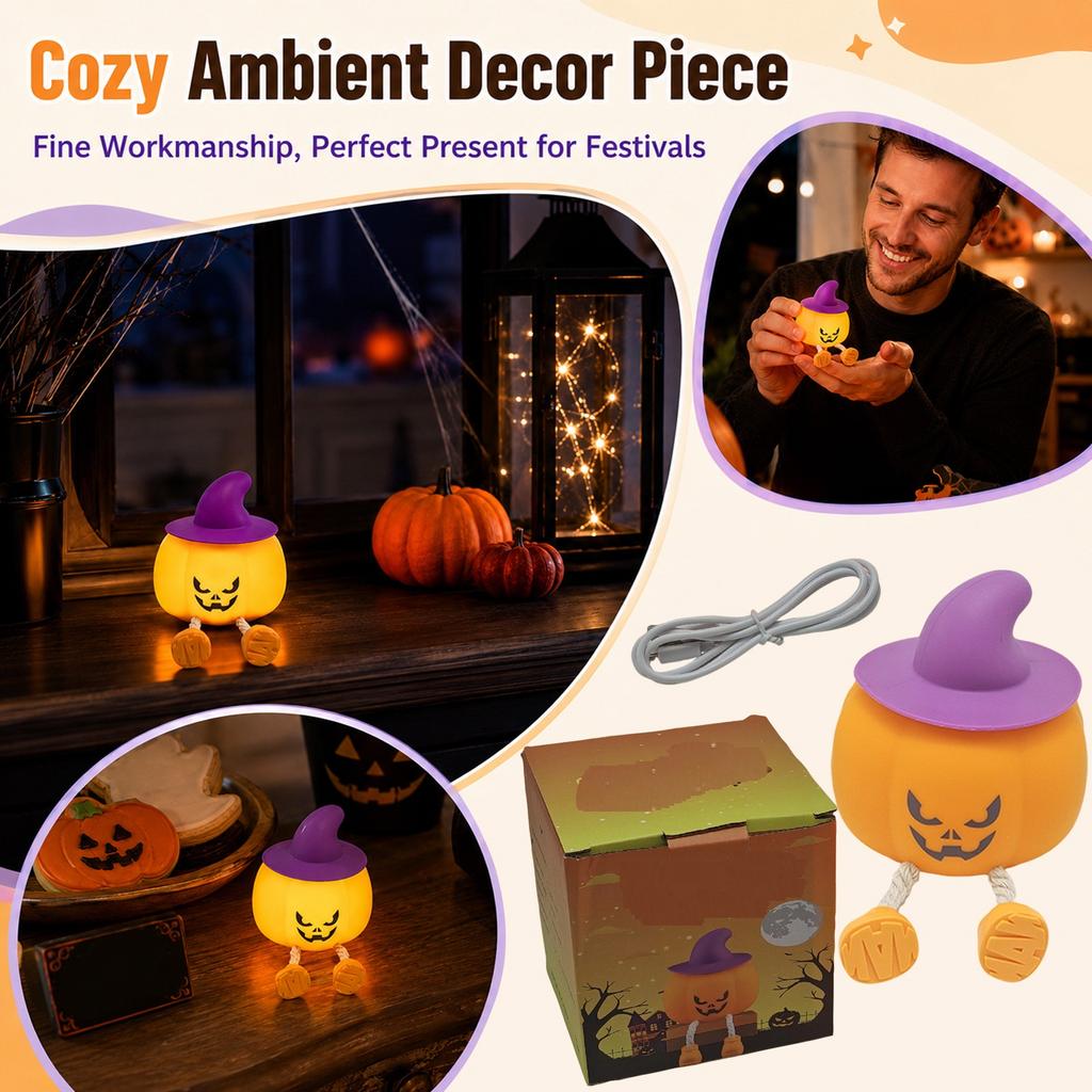 Pumpkin Witch Night Light with Cute Halloween Design for Bedroom, Party Decor - Soft Ambient Lamp