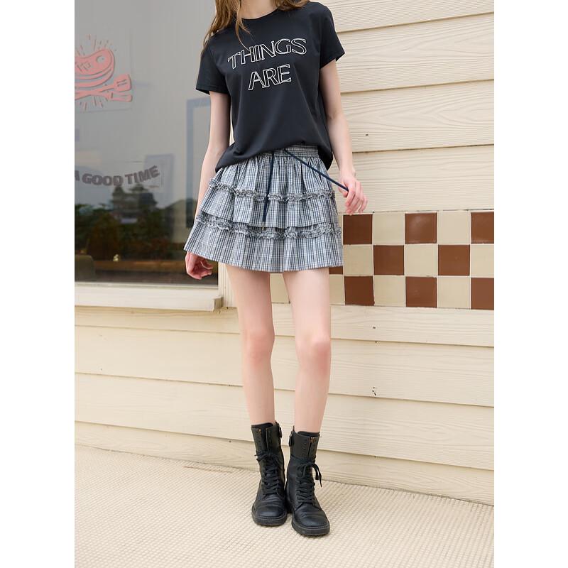 SanCai 2025 Summer Gingham Ruffle Tiered Short Skirt S