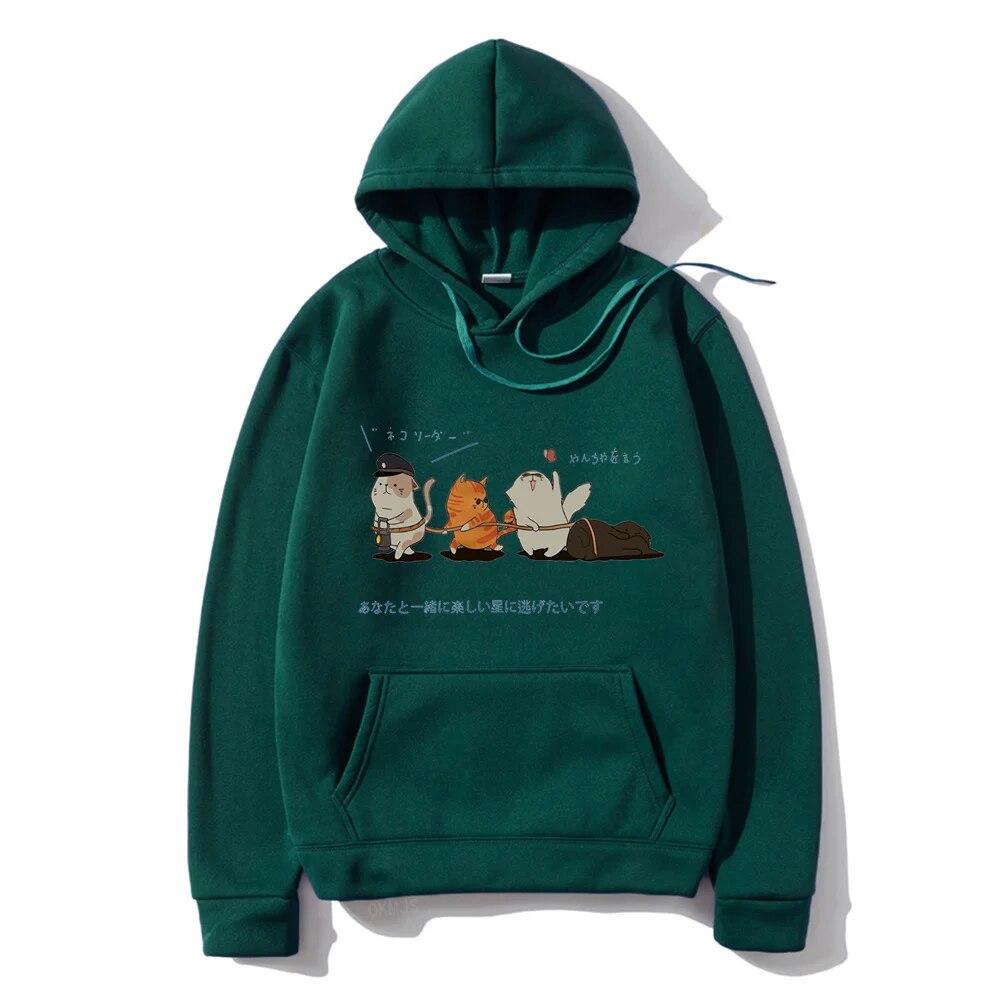 Men Hip Hop Unisex's Hoodies Streetwear Japanese Kanji Harajuku Funny Cat Unisex Hoodies Sweatshirts Autumn Winter Oversized Clothing