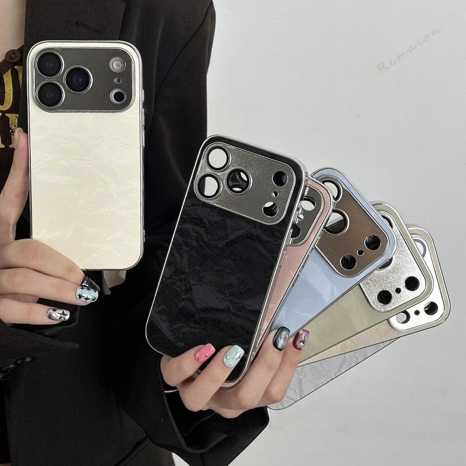 Plating Learther Phone Case for iPhone 17 Air 16 13 14 11 12 15 Pro Max Plus Case Camera Lens Protector Hard Cover