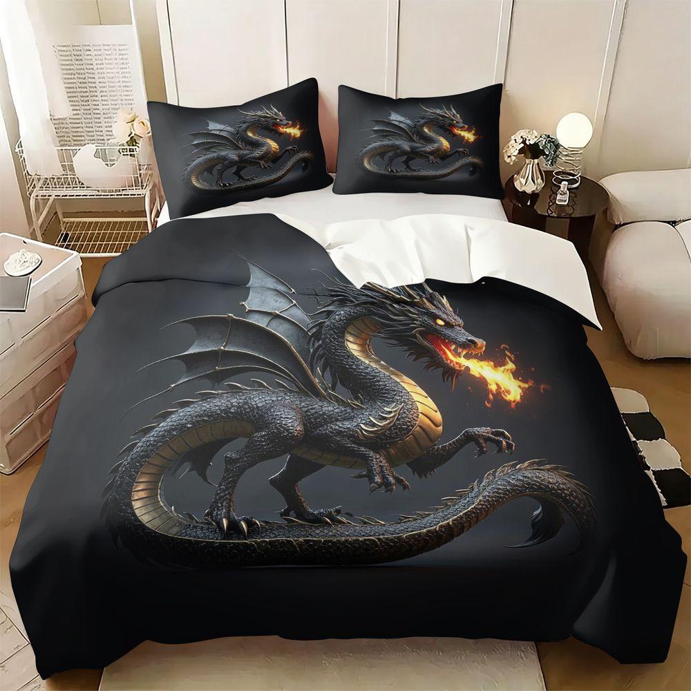 Fiery Dragon 3D Print Duvet Cover Set (1 Duvet Cover & 1/2 Pillowcase) Gothic Mythical Creature Bedding Set for Teen Boys Room