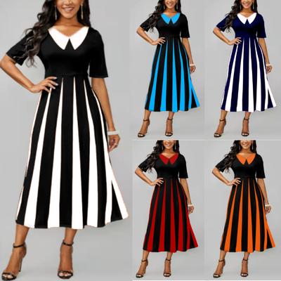Summer Women's Elegant and Fashionable Striped Printed Temperament Dress Short-sleeved Lapel Waist Dress