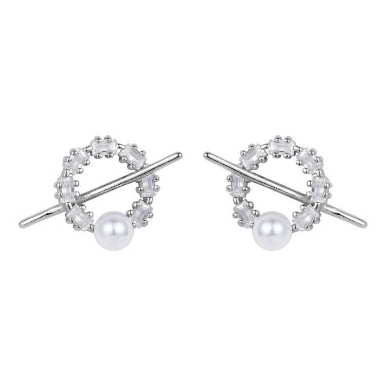 Zircon Ring One-line Pearl Earring French Retro Small Mini Temperament Earrings