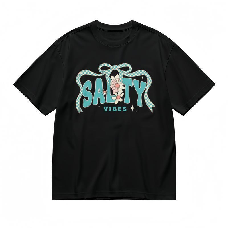 Women's Fashion Soft Classic T-Shirt Checkered Ribbon Floral Text Design Tee