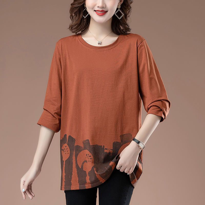 Pure Cotton Loose Long Sleeved T-shirt for Women Middle-aged Plus Size for Outerwear Western Style Spring Autumn Base Shirt