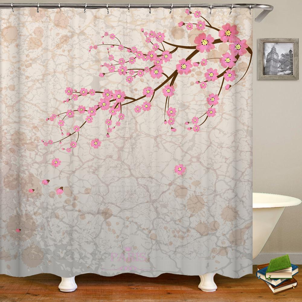 

3d Shower Curtains Flowers Paris Tower Waterproof Bathroom Curtain With 12 Hooks Home Decoration Washable Polyester Bath Screen W90xH180cm