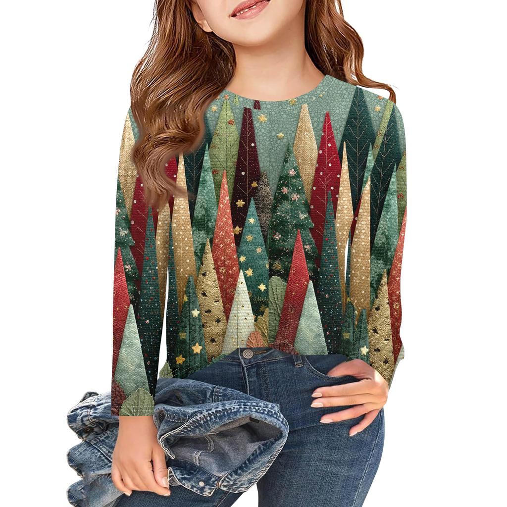 Christmas Day Girls Long Sleeve T Shirts Kids Fall Tops Crewneck Printed Basic Tees