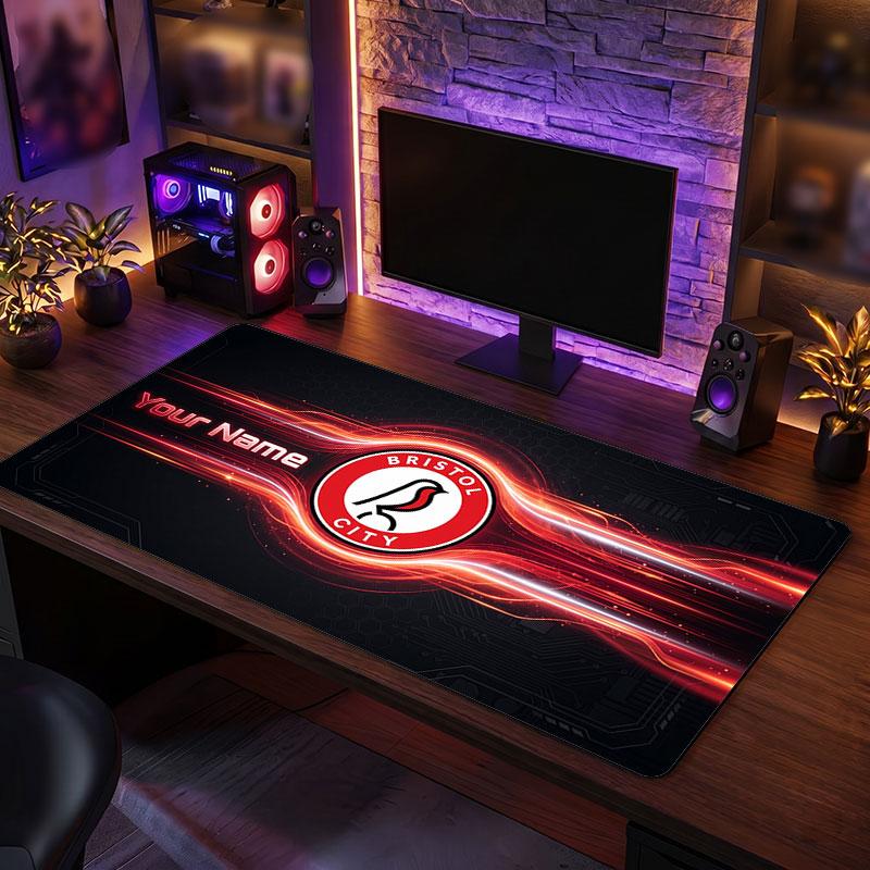 Bristol City Custom Large Mouse Pad, Personalized Name Text Print, Football Logo Non‑Slip Desk Mat Gaming Gift