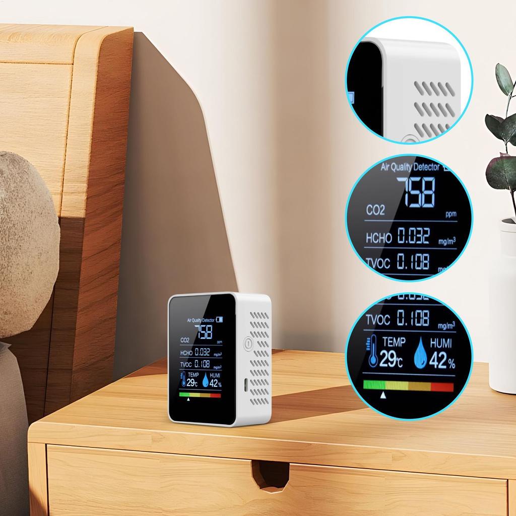 Portable LCD Air Quality Monitor 5 in 1 CO2 Meter Digital Temperature Humidity Tester Carbon Dioxide TVOC HCHO Detector