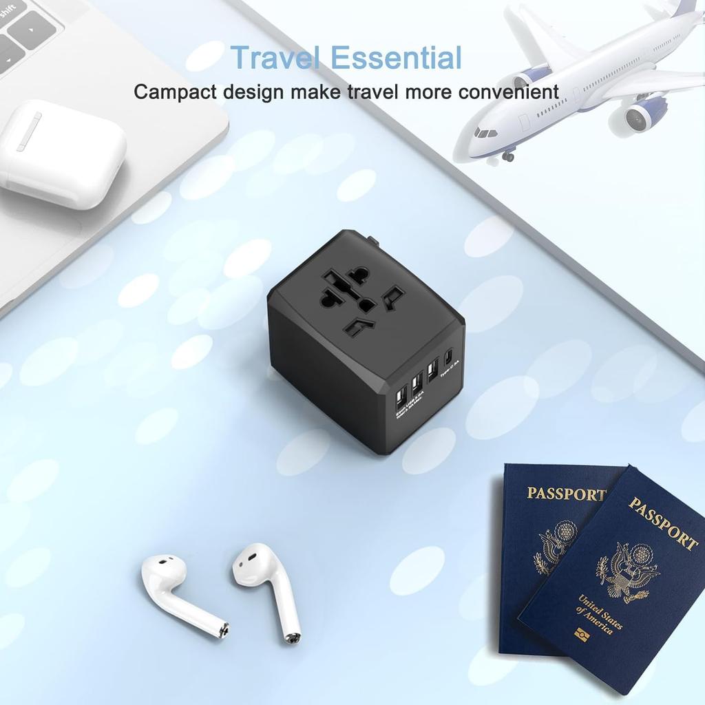 Amoner International Adapter Type Travel Power Fast 3 Ports and 1 AC Adapter Compatible with Type C International Black Converter, C, Transformer,