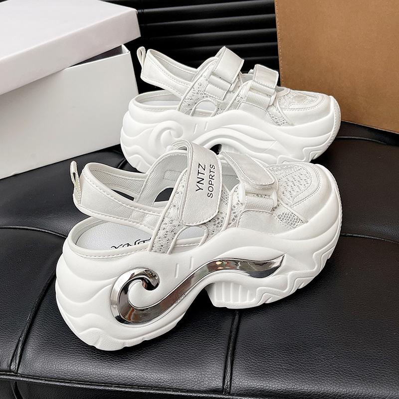 Fashion 8CM Breathable Hollow Leather Women Sandals Vulcanized Mesh Chunky Platform Gladiator Shoes High Heels Casual Summer Sneakers