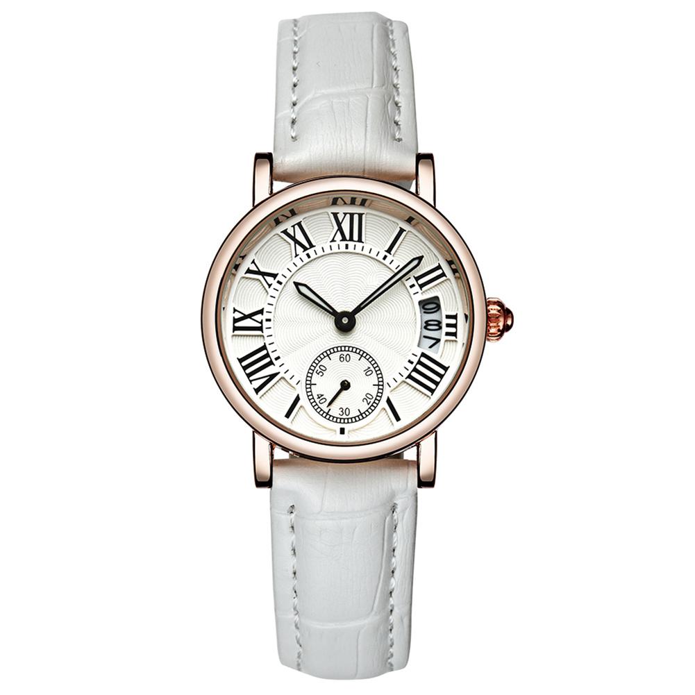 Sanda Lady Analog Round Quartz Leather Strap Date Watch Classical Wristwatch