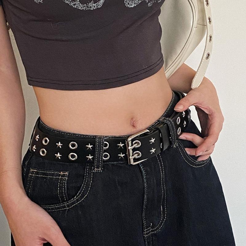 PU Leather Punk Waist Belt with Star Rivets And Double Buckles Holes For Daily Wear and Theme Occasion Dressingup Props