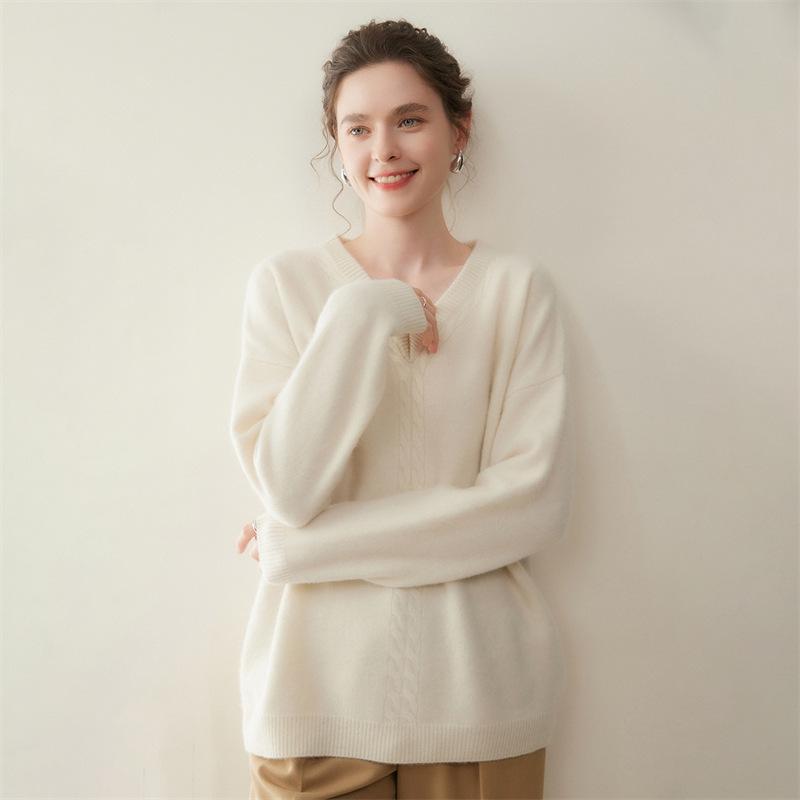 Women's V-Neck Cashmere Blend Pullover: Cozy Cable Knit Sweater for Autumn/Winter
