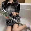 Summer 2025 Korean Sweet Sporty Striped Polo Collar Dress - Women's Short Sleeve Slimming Style