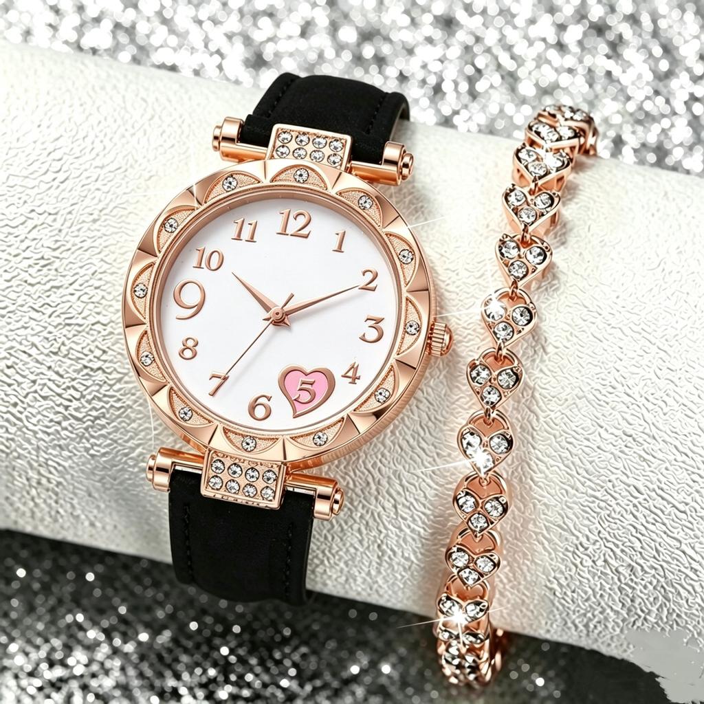 Women'S Diamond Quartz Watch Fashion Belt Watch Two-Piece Set Light Luxury Bracelet Set Women'S Watch