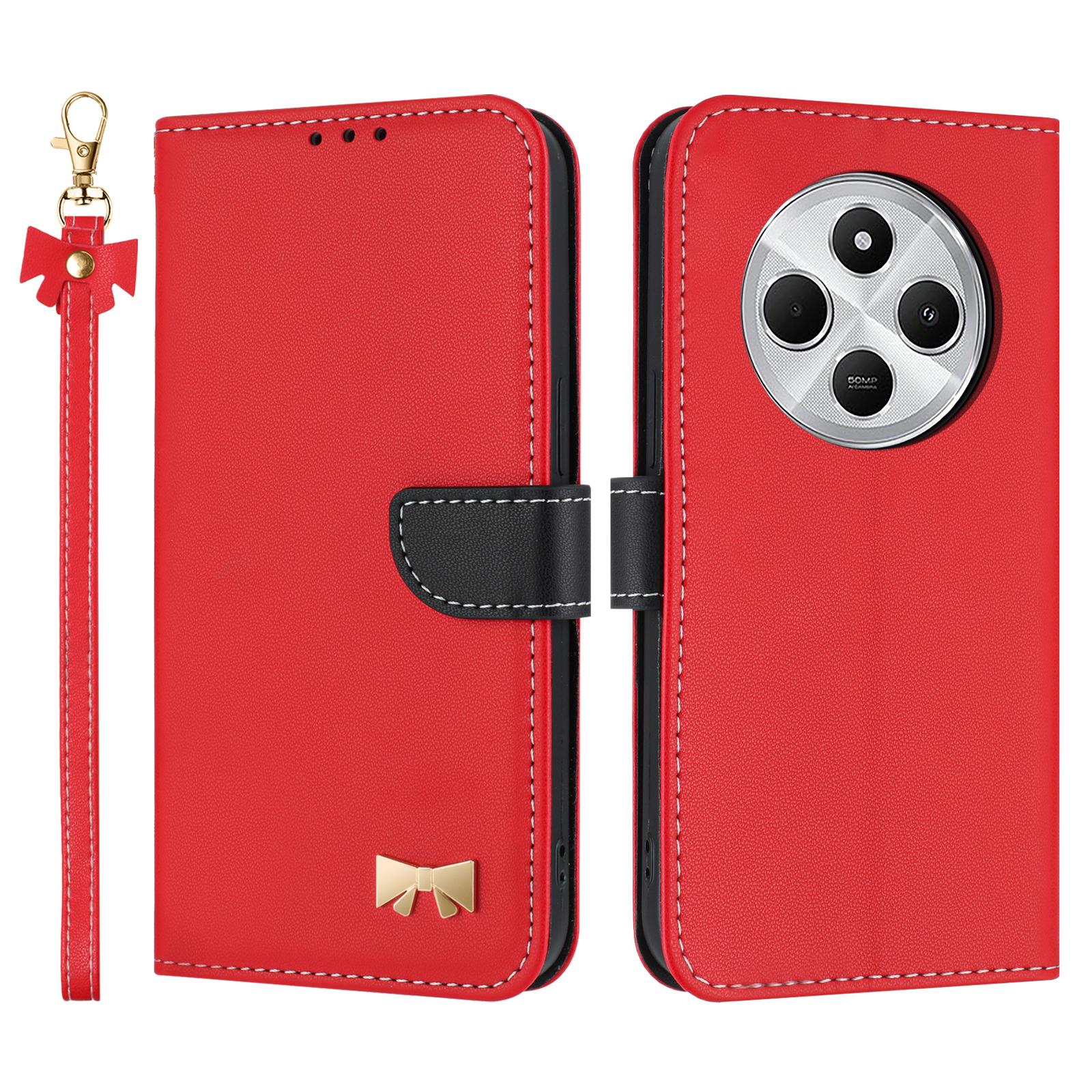 

Phone Case For Xiaomi Redmi 14C 4G/14R 5G/A3 Pro 4G/A4 5G/Poco C75 4G,Bowknot Decor Wallet Leather Cover with Wrist Strap Red