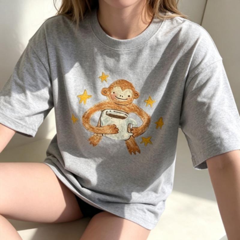 100 Cotton Unisex Round Neck T Shirt Cute Hand Drawn Monkey Hold Cup With Yellow Stars Print Short Sleeve Loose Casual Tee