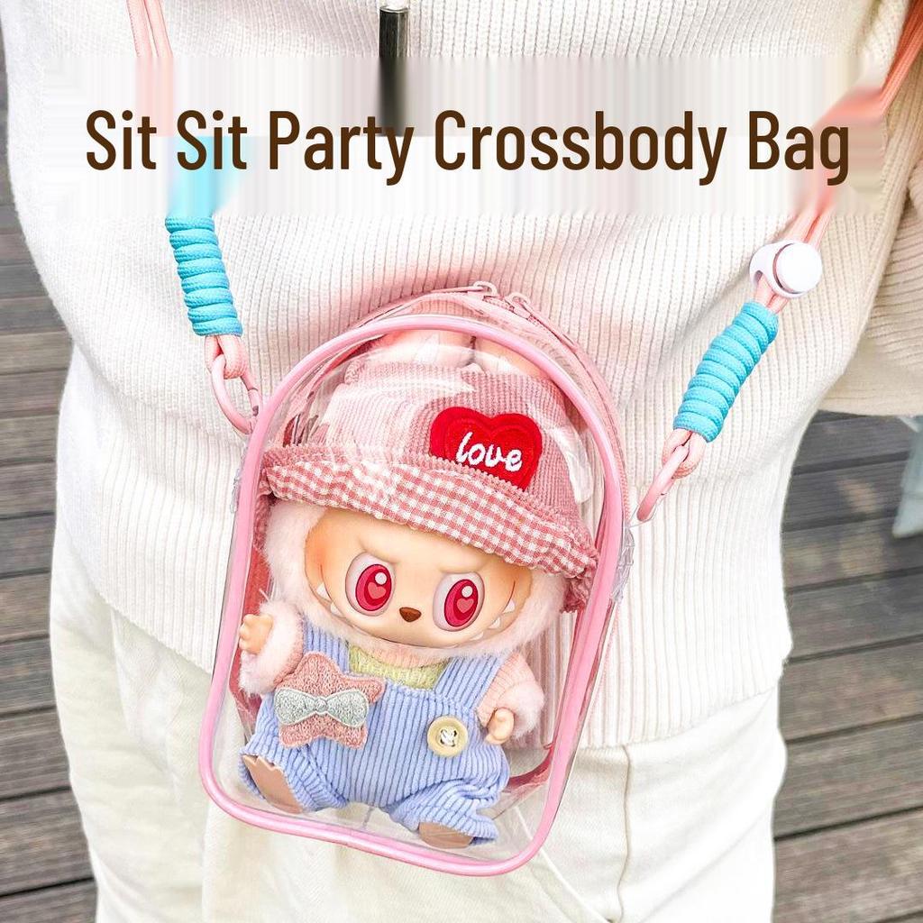 Labubu Vinyl Sit-Sit Party 15cm Cotton Doll Crossbody Ita Bag with PVC Storage and Baby Carrier