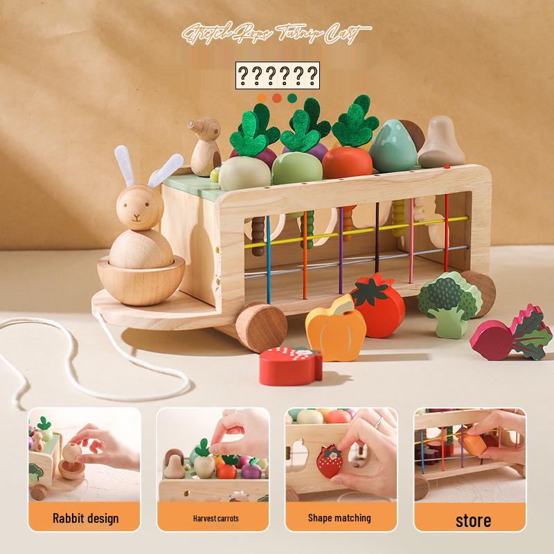 

Wooden Carrot Pull Toy for Kids - Elastic Rope & Shape Matching Cognitive Game