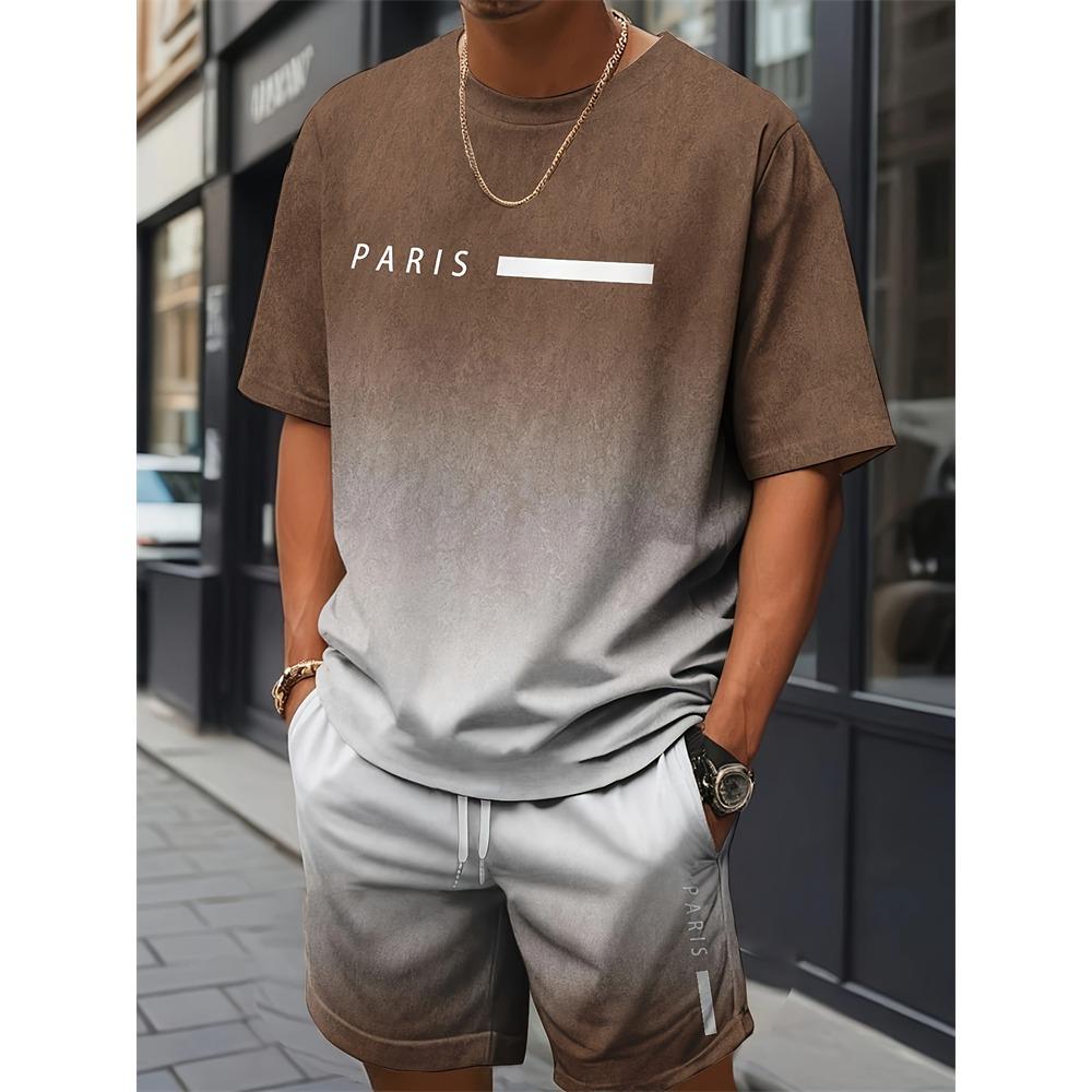 New Summer Plus Size Men's Two-piece Letter Print Pattern Fashion Short-sleeved Suit Street Men Loose Comfortable Shorts