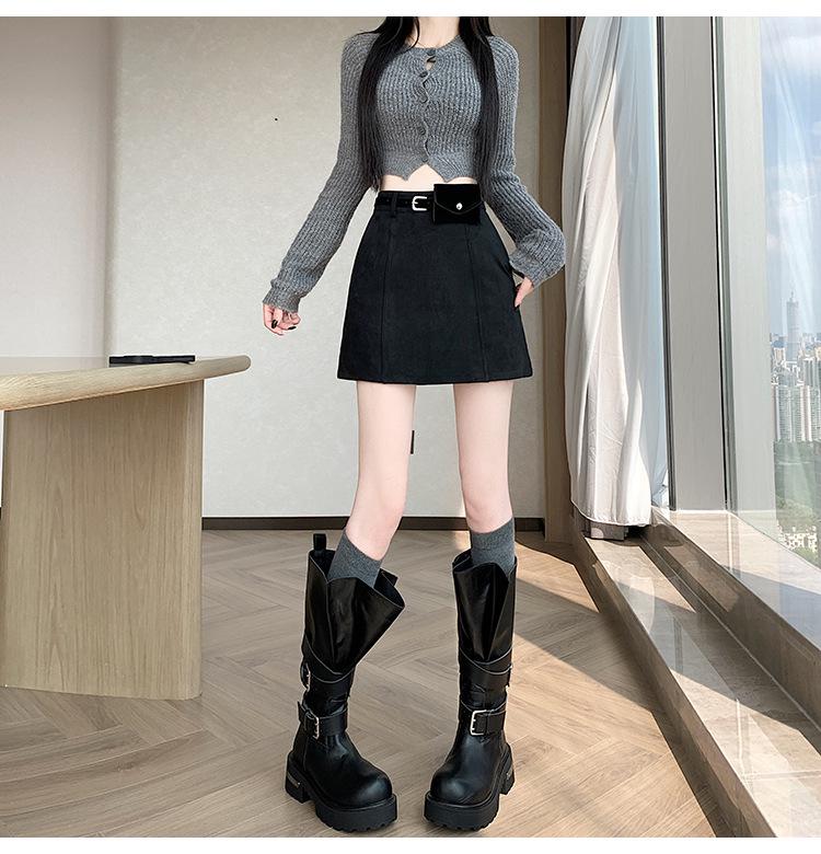 High-Waist Plus Size Korean Style PU Suede A-Line Skirt with Belt Bag - Spring/Autumn Women's Short Skirt