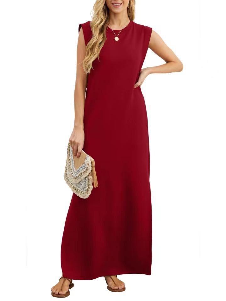 European and American new women's summer casual solid color round neck sleeveless loose long dress