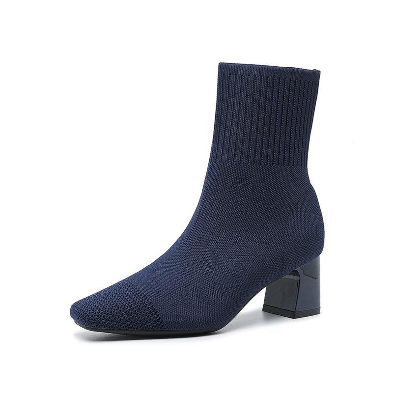 Socken-Stiefeletten für Damen, niedriger, klobiger Blockabsatz, dehnbare Slip-on-Booties, bequeme Chelsea-Stiefel aus elastischem Strick mit quadratischer Zehenpartie für Damen