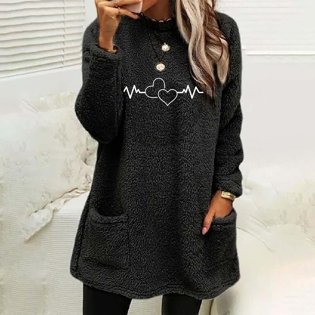 Winter Women's New Love Print Round Neck Loose Long Sleeve Pocket Plush Sweater For Women