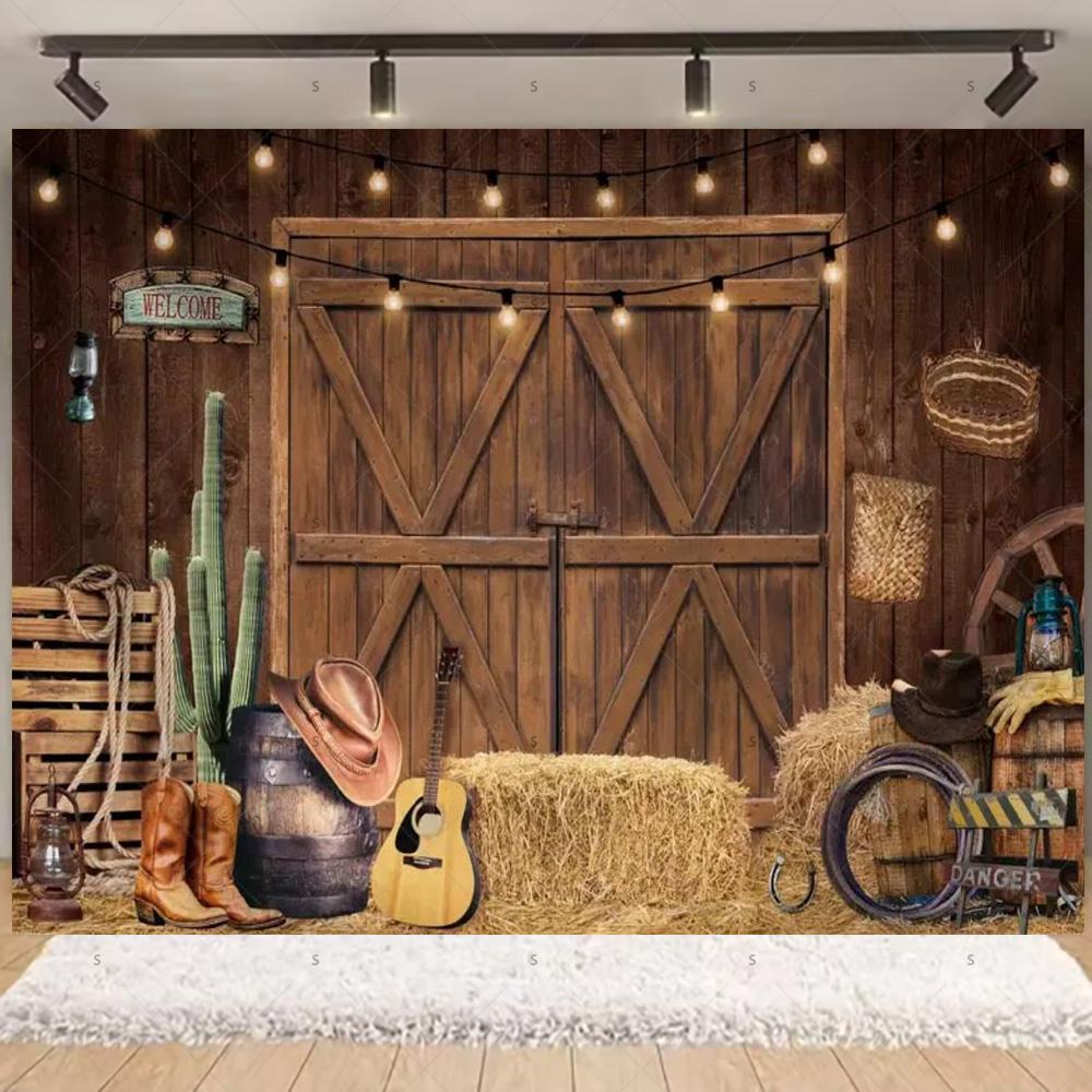 Western Cowboy Photography Backdrop Rustic Farm Barn Haystack Wood House Horse Wheel Background Party Decor Photo Shoot Props