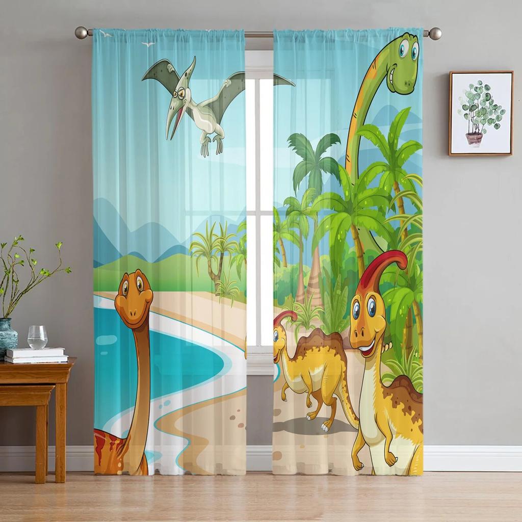 Jurassic 3D Dinosaur Virgin Forest Sheer Curtains for Living Room Bedroom Tulle Window Drapes for Kitchen Decoration