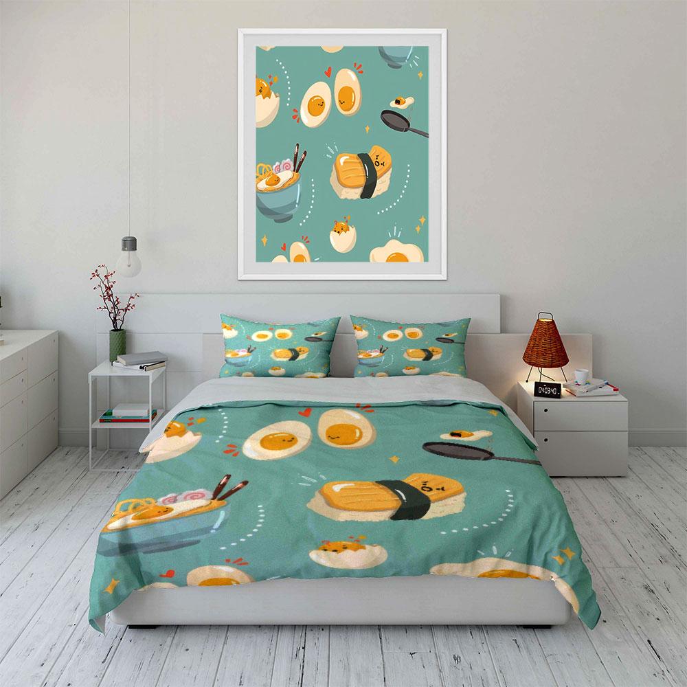 Cartoon Egg Theme Kitchen Decor Soft Comfortable Duvet Cover Bedding Set Included 1*Duvet Cover & 2*Pillowcases, Gift