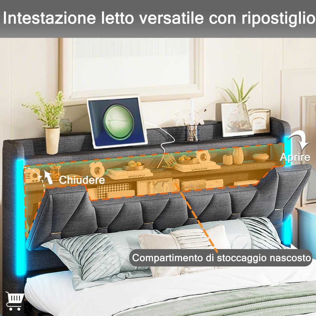Smart Upholstered Platform Bed with Sync Colorful Lighting Charging Station Hidden Headboard Compartment and Rolling Baskets