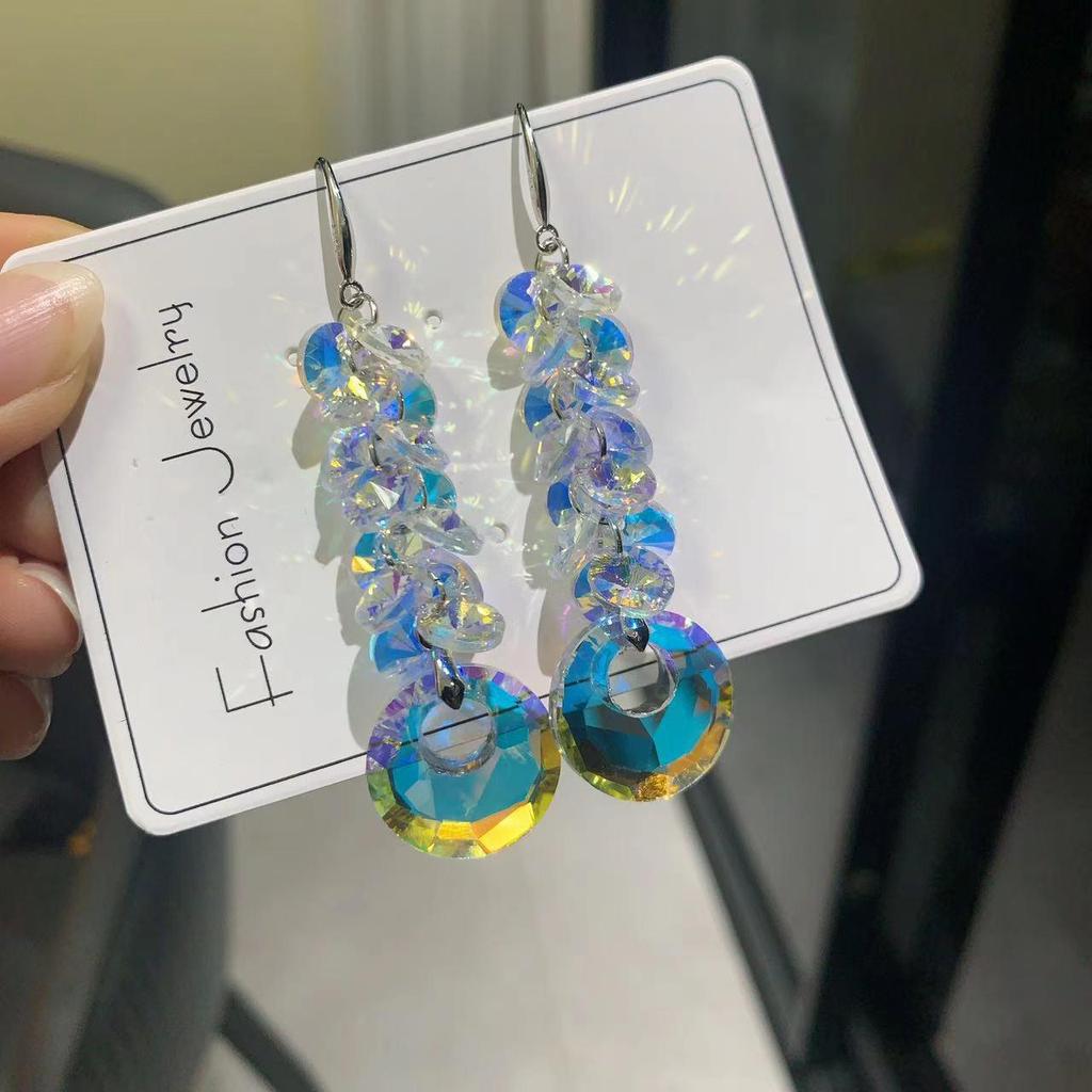 Korean Style High-End Crystal Dangle Earrings with Silver Hooks - Super Sparkly & Trendy