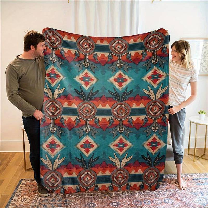 Southwestern Aztec Geometric Pattern Throw Blanket - Tribal Boho-Themed Soft Blanket for Rustic Cozy Decor