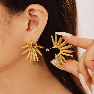 Retro C-Shaped Sunflower Earrings, 18K Gold-Plated Stainless Steel, European/American Punk Style for Women