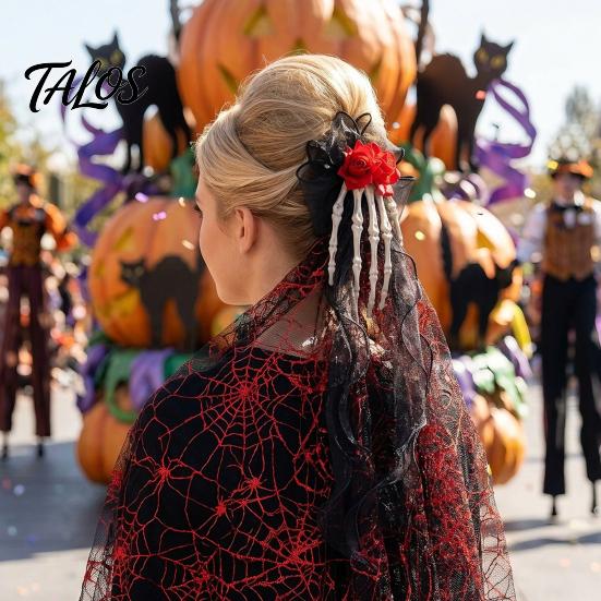 Ghost Claw Hair Accessory Gothic Skeleton Clip, Halloween Barrette with Rose, Unique Clip Black Lace Side for Women, Party Costume Retro Dark