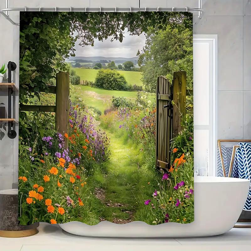 Romantic Countryside Garden Shower Curtain With Lush Flowers Wooden Gate Design Brings Serenity Beauty To Your Bathroom Space W60H190(CM)-1 Pcs