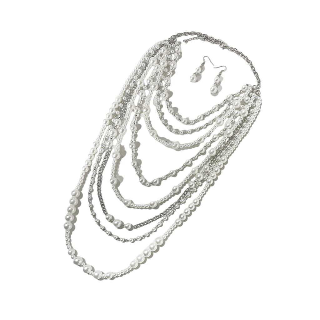 Stylish Simulated Pearls Chain Necklace and Earrings Set Women Elegant Jewelry Set Drop Earrings Perfect for Parties