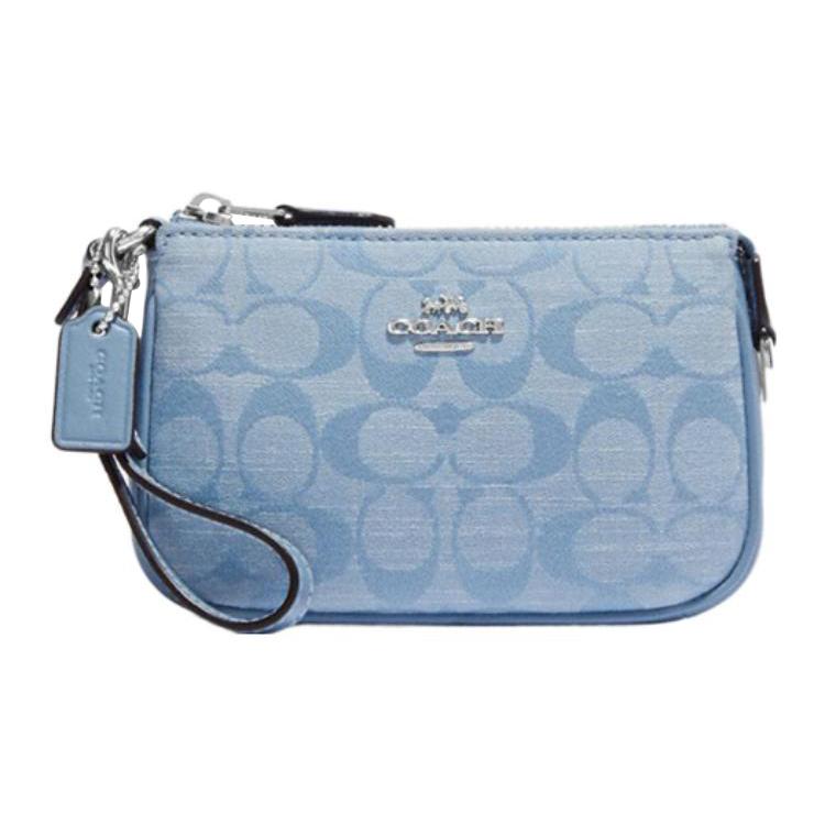 New COACH Nolita Jacquard Fabric Bonded Cow Split Leather Chambray Portable Clutch Mini Women's Light Blue CI027-SVM6A