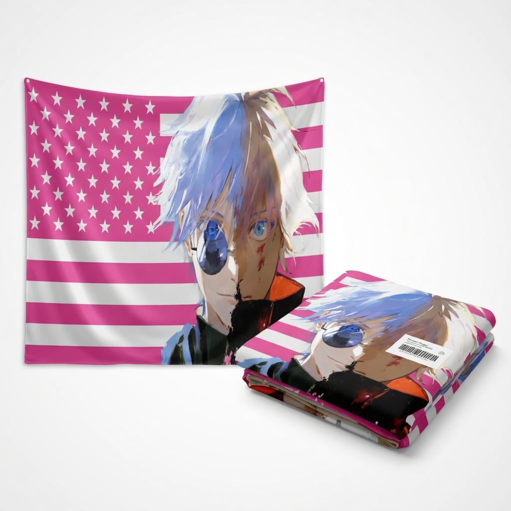 Japanese Anime Style Cool Guy Tapestry Flat Print Pink Star Stripe Flag Wall Art For Living Room Bedroom Dormitory Decor