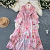 Spring Summer Bohemain Long Dress Women's V-Neck Flare Sleeve Floral Print Single Breasted High Waist A-Line Chiffon Vestidos